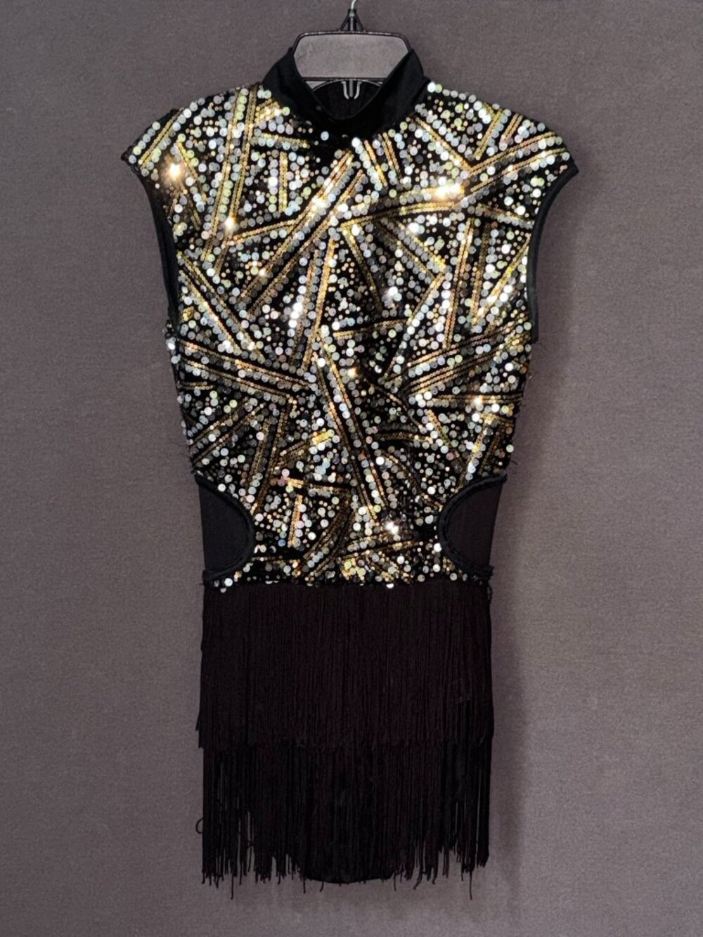 Weissman Black Gold Silver Sequin Mock Neck Fringe Dance Costume Dress SA